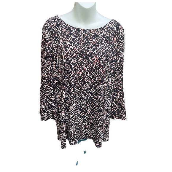 Ellen Tracy Long Bell Sleeve Round Neck Pullover Blouse Black White & Pink  L - Picture 1 of 11